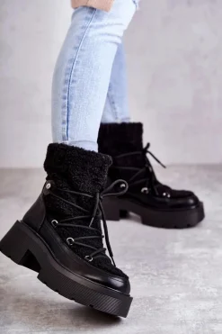 Damskie Botki Śniegowce Z Kożuszkiem Czarne Sanna