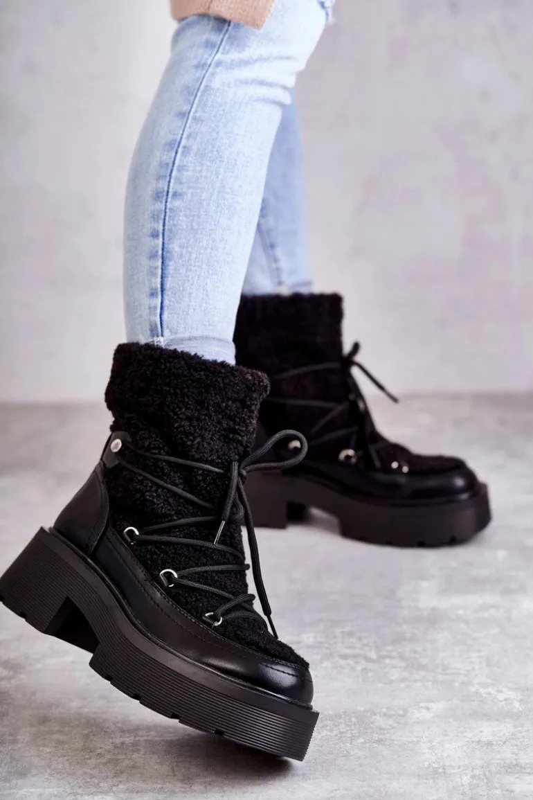 Damskie Botki Śniegowce Z Kożuszkiem Czarne Sanna