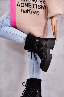 Damskie Botki Śniegowce Z Kożuszkiem Czarne Sanna