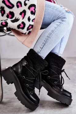 Damskie Botki Śniegowce Z Kożuszkiem Czarne Sanna