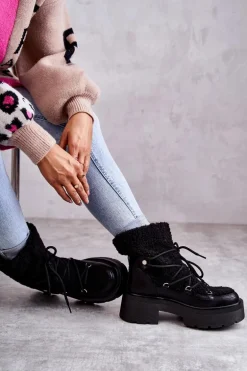 Damskie Botki Śniegowce Z Kożuszkiem Czarne Sanna