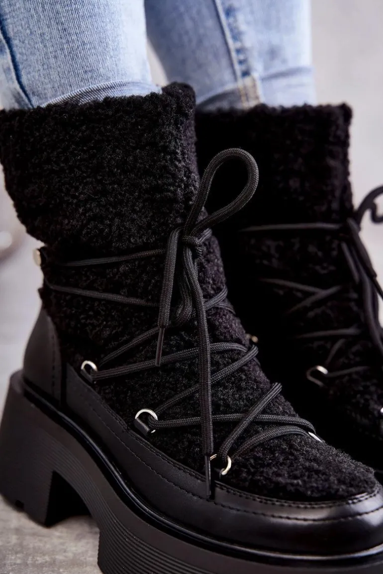 Damskie Botki Śniegowce Z Kożuszkiem Czarne Sanna