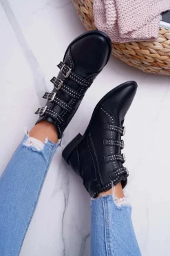 Damskie Botki Nity Klamry Czarne Berugio