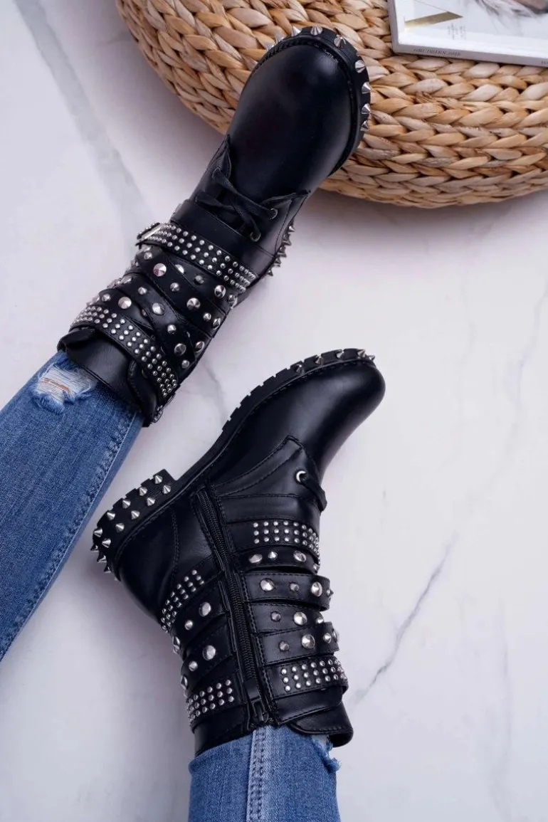 Damskie Botki Nity Kolce Czarne Verona