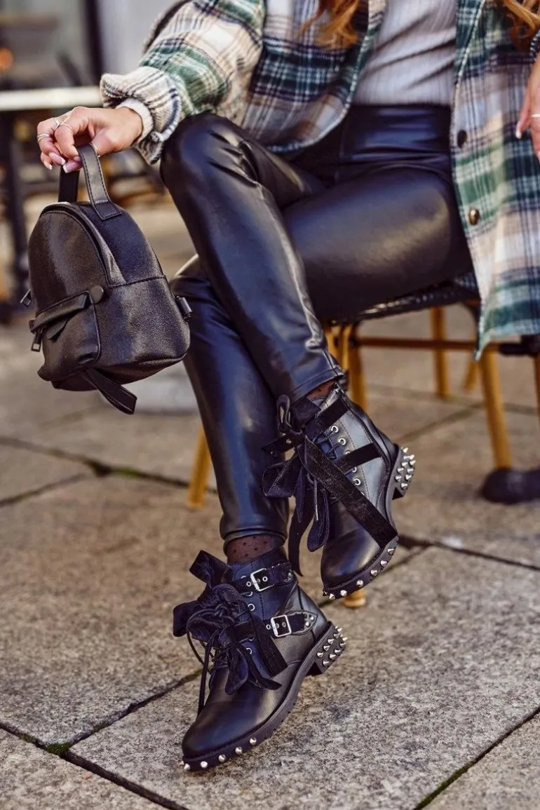 Damskie Botki Nity Kolce Czarne Magnes