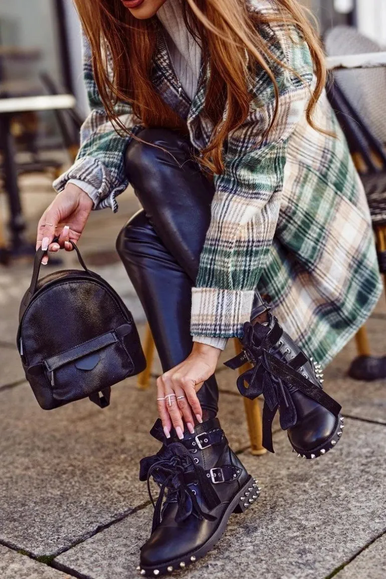 Damskie Botki Nity Kolce Czarne Magnes