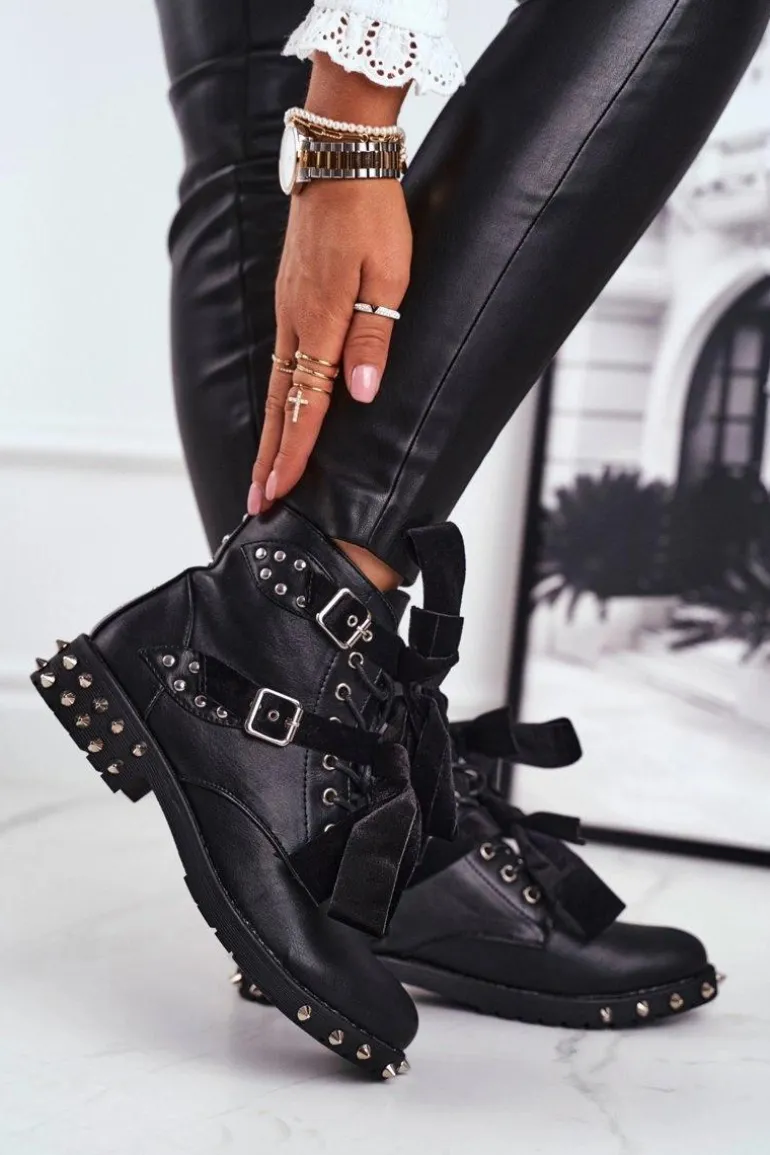 Damskie Botki Nity Kolce Czarne Magnes