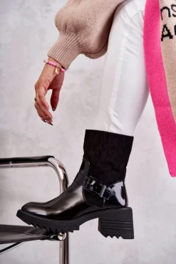 Damskie Botki Ocieplane Na Masywnym Obcasie Czarne Marinela