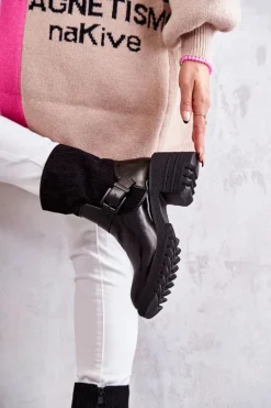 Damskie Botki Ocieplane Na Masywnym Obcasie Czarne Marinela