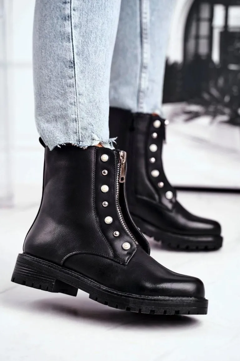 Damskie Botki Ocieplane Suwak z Przodu Czarne Hypnotized