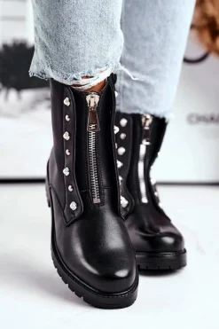 Damskie Botki Ocieplane Suwak z Przodu Czarne Hypnotized