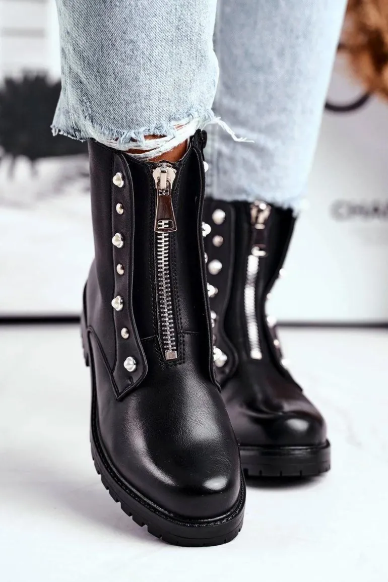 Damskie Botki Ocieplane Suwak z Przodu Czarne Hypnotized