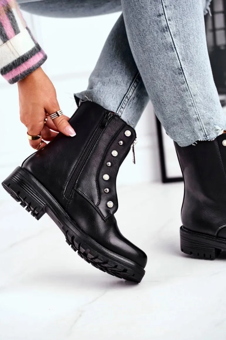 Damskie Botki Ocieplane Suwak z Przodu Czarne Hypnotized