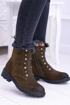 Damskie Botki Ocieplane Trapery Khaki Dowito