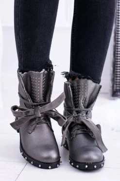 Damskie Botki Ocieplane Z Kolcami i Dżetami Srebrne Neso