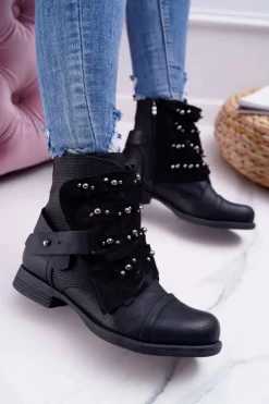Damskie Botki Płaski Obcas Z Dżetami Czarne Valko