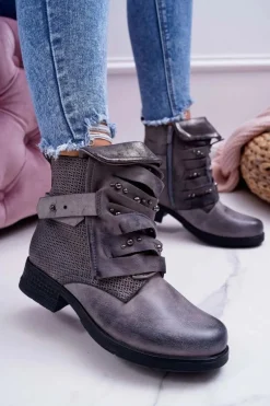 Damskie Botki Płaski Obcas Ciepłe Szare Debra