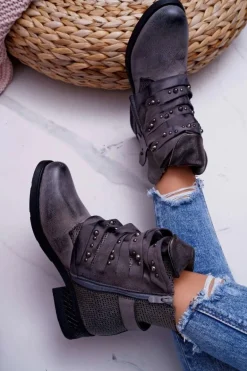 Damskie Botki Płaski Obcas Ciepłe Szare Debra