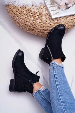 Damskie Botki Płaski Obcas Czarne Barski 98-20