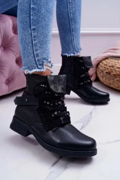 Damskie Botki Płaski Obcas Ciepłe Czarne Debra