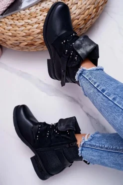 Damskie Botki Płaski Obcas Ciepłe Czarne Debra