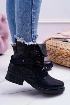 Damskie Botki Płaski Obcas Ciepłe Czarne Debra