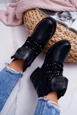 Damskie Botki Płaski Obcas Ciepłe Czarne Debra