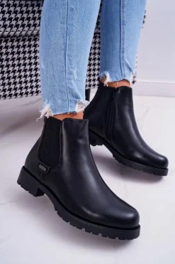 Damskie Botki Płaski Obcas Ocieplane Futerkiem Czarne Hertz