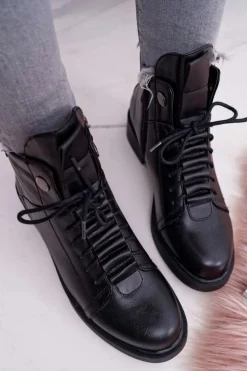 Damskie Botki Płaski Obcas Ocieplane Czarne Livin