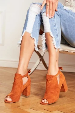 Damskie Botki Sandały Na Słupku Odkryte Palce Camel Grays