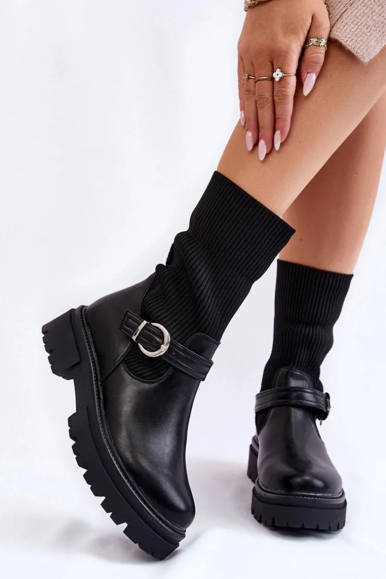 Damskie Botki Skarpetkowe Z Paskiem Czarne Alaya