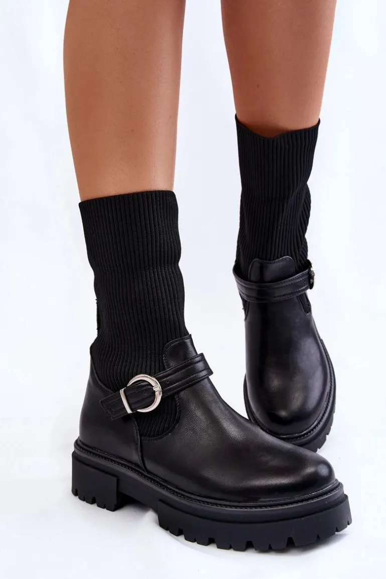 Damskie Botki Skarpetkowe Z Paskiem Czarne Alaya