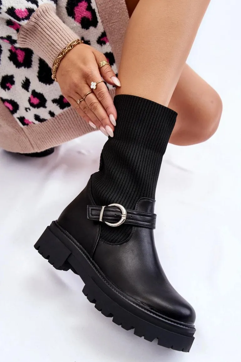 Damskie Botki Skarpetkowe Z Paskiem Czarne Alaya