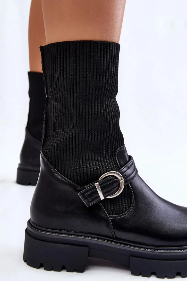 Damskie Botki Skarpetkowe Z Paskiem Czarne Alaya