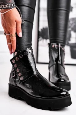 Damskie Botki Skórzane Lakierowane Czarne Exquisite 1199