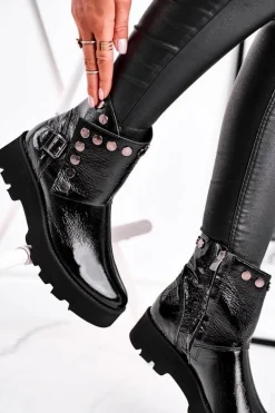 Damskie Botki Skórzane Lakierowane Czarne Exquisite 1199