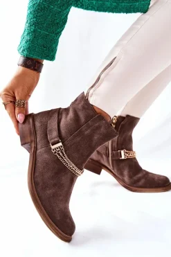 Damskie Botki Skórzane Nicole Brązowe Dome