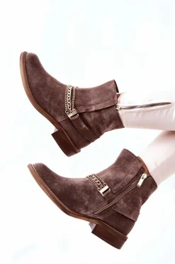 Damskie Botki Skórzane Nicole Brązowe Dome