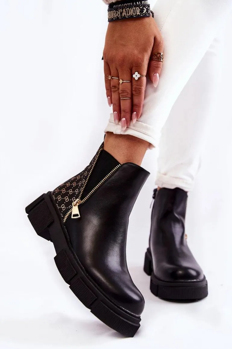 Damskie Botki Skórzane Z Ozdobnym Zamkiem Czarne Lorra