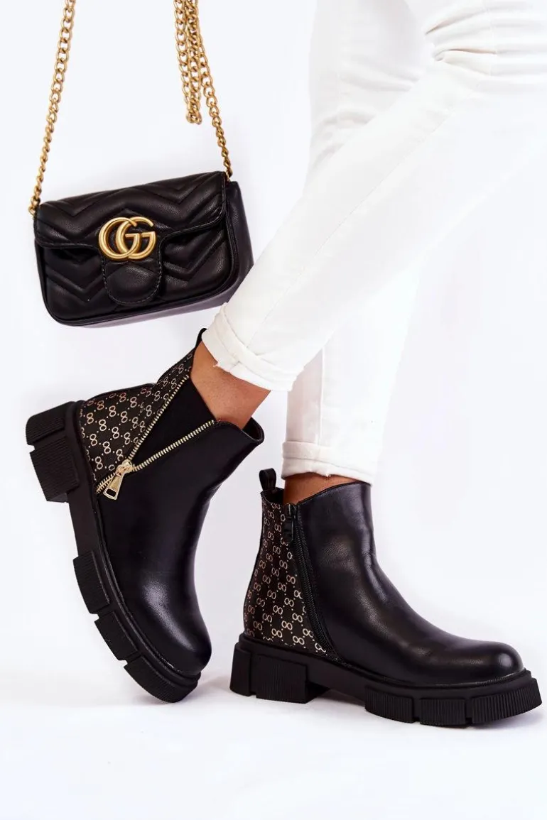 Damskie Botki Skórzane Z Ozdobnym Zamkiem Czarne Lorra