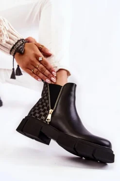 Damskie Botki Skórzane Z Ozdobnym Zamkiem Czarne Lorra