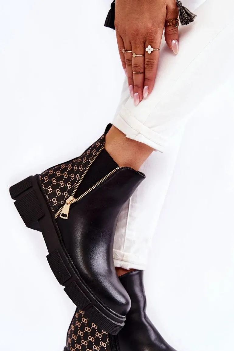 Damskie Botki Skórzane Z Ozdobnym Zamkiem Czarne Lorra