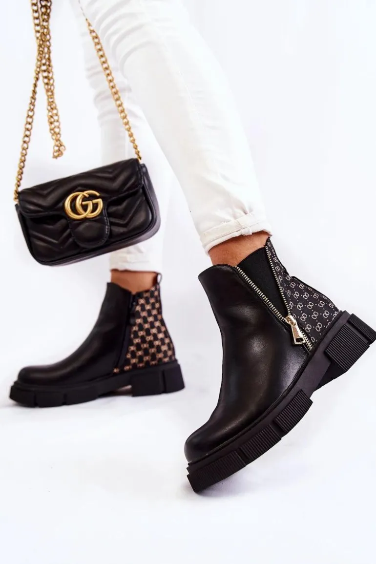 Damskie Botki Skórzane Z Ozdobnym Zamkiem Czarne Lorra