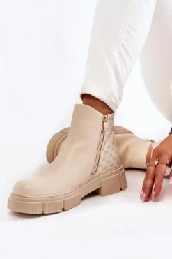 Damskie Botki Skórzane Z Ozdobnym Zamkiem Jasnobeżowe Lorra