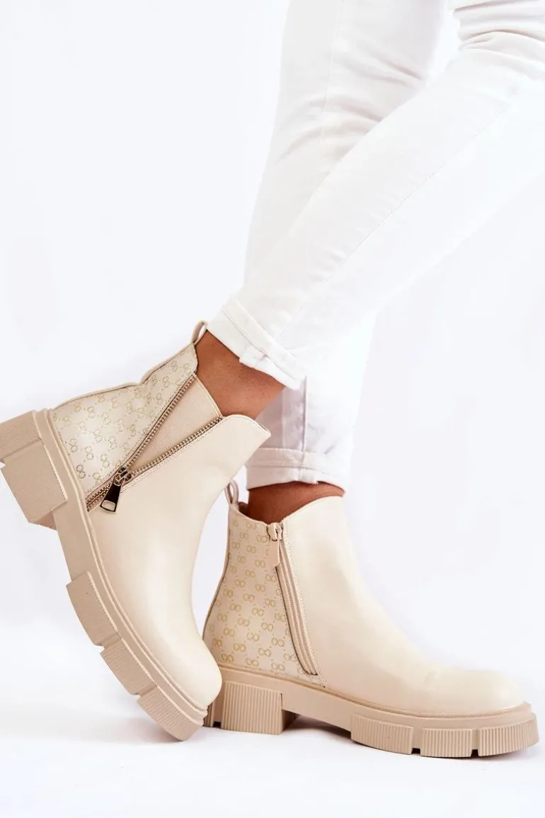 Damskie Botki Skórzane Z Ozdobnym Zamkiem Jasnobeżowe Lorra