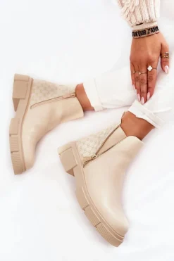 Damskie Botki Skórzane Z Ozdobnym Zamkiem Jasnobeżowe Lorra