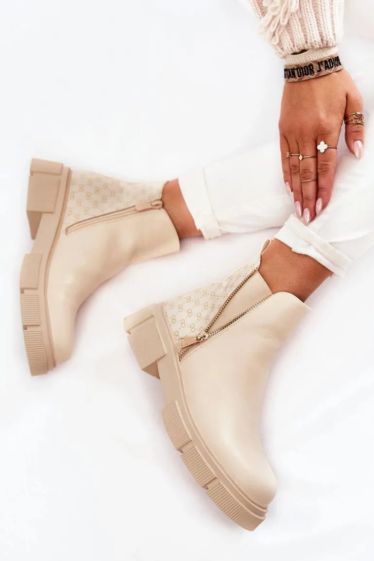 Damskie Botki Skórzane Z Ozdobnym Zamkiem Jasnobeżowe Lorra