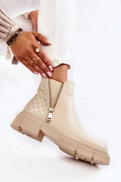 Damskie Botki Skórzane Z Ozdobnym Zamkiem Jasnobeżowe Lorra