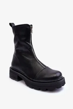Damskie Botki Skórzane Z Suwakiem Czarne Aravalur