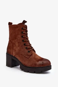 Damskie Botki Sznurowane Na Obcasie Brązowe Lunielle